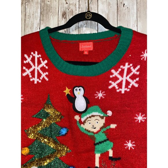 Joyland Ugly Christmas Sweater Rudolph Decorating Tree w/ Elf Snowflakes 3-D - Picture 5 of 8